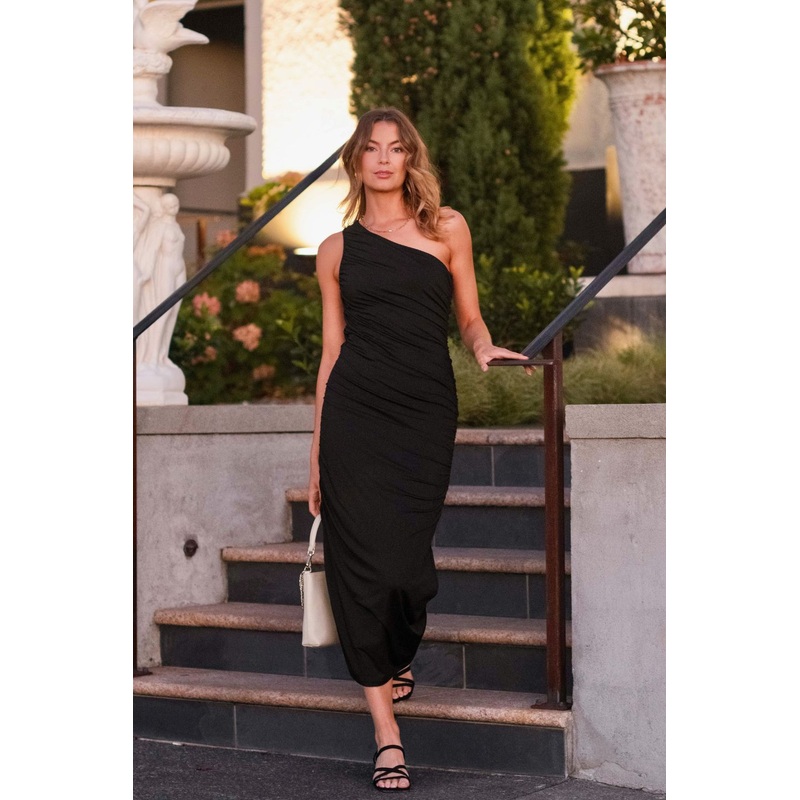 Rhapsody Black One Shoulder Ruched Midi Dress