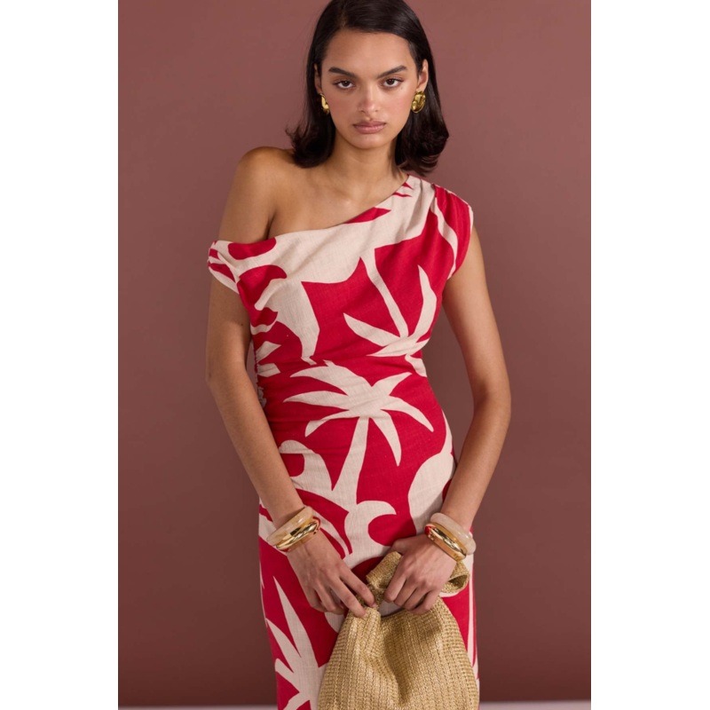 Rhodes Red Print Off Shoulder Midi Dress
