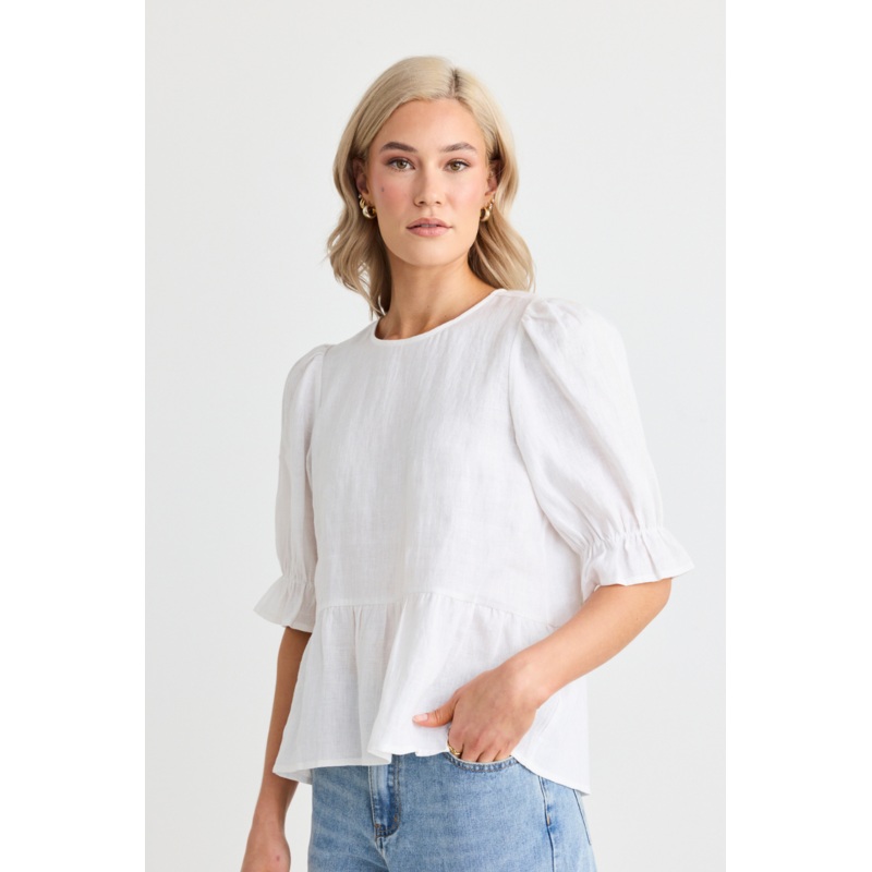Roaming White Linen Crew Neck Peplum Top
