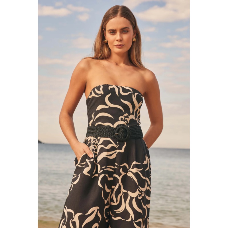 Sandy Wave Black Print Strapless Wide Leg Jumpsuit