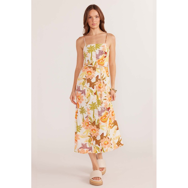 Sarai Cream Tropical Belted Linen Midi Dress