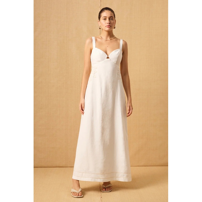 Scenic White Cotton Embroidered Strappy Maxi Dress