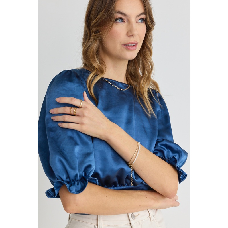 Siena Petrol Satin Tie Back Ss Top