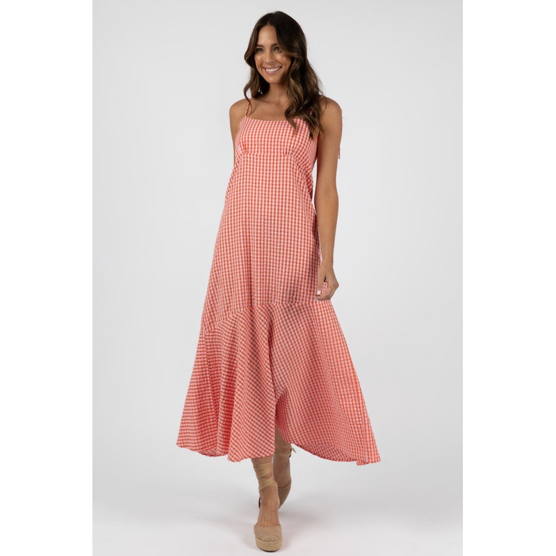 Sienna Pink Red Cotton Check Midi Dress