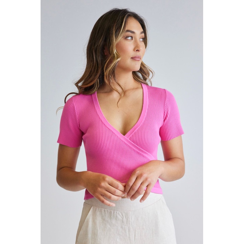 So Good Pink SS Wrap Knit Top
