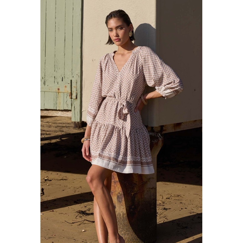 Soleil Beige Border Smock Mini Dress