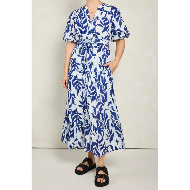 Solution Blue Leaves Print SS Tiered Shirt Dress