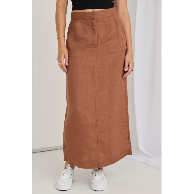 Tempt Mocha Linen Utilitarian Midi Skirt