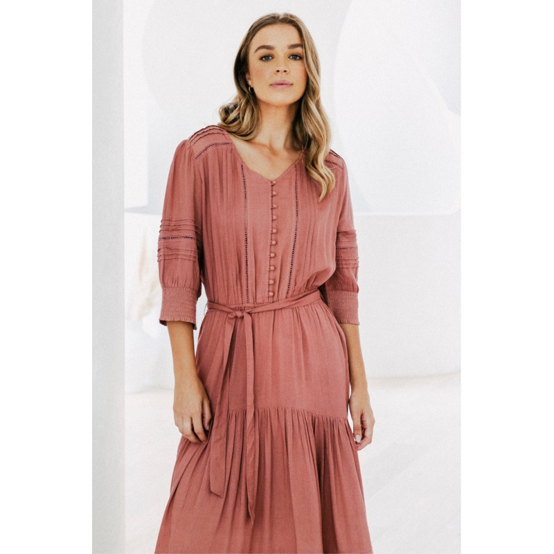 Thea Clay Button Up Tiered Midi Dress