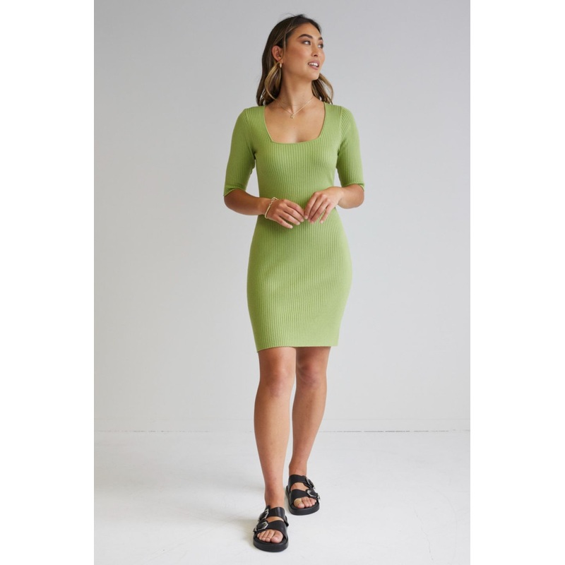 Titan Citrus Green Square Neck Tie Back Half Sleeve Rib Knit Mini Dress