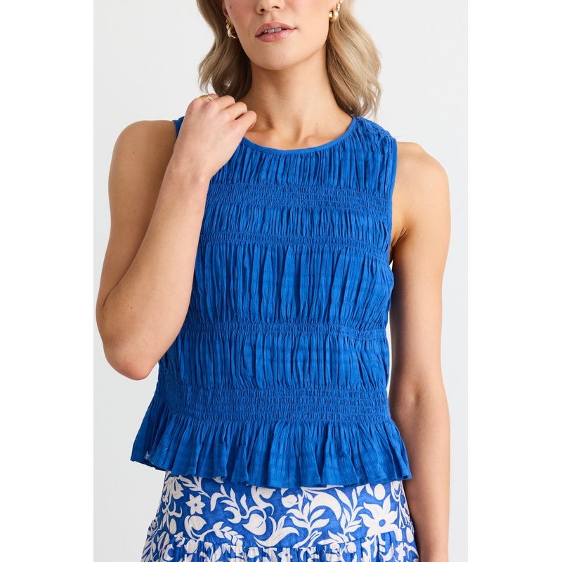 Tuscany Cobalt Blue Shirred Cotton Sleeveless Top