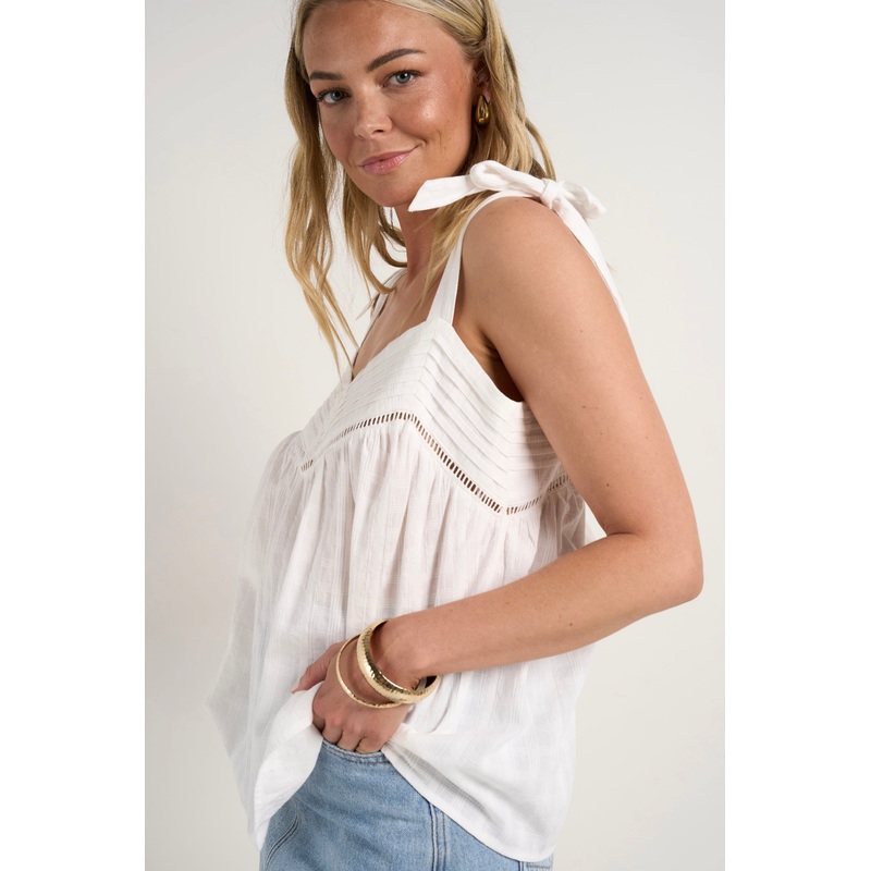 Unconventional White Self Check Cotton Tie Strap Cami
