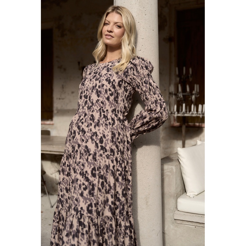 Effortless Animal LS Shirred Sleeve Tiered Maxi Dress