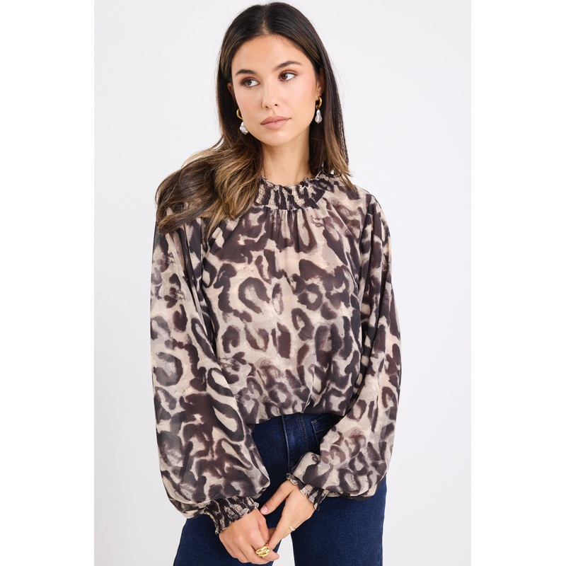 Embrace Animal Print Georgette Shirred Neck LS Top