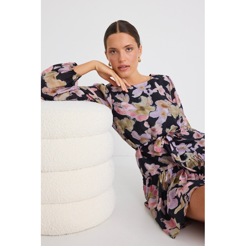 Host Black Pressed Flower Balloon Sleeve Drop Waist Mini Dress