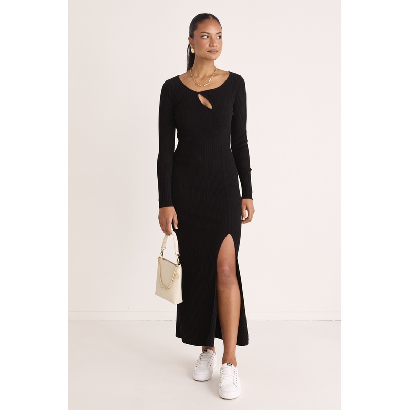 Nirvana Black LS Rib Knit Split Front Maxi Dress