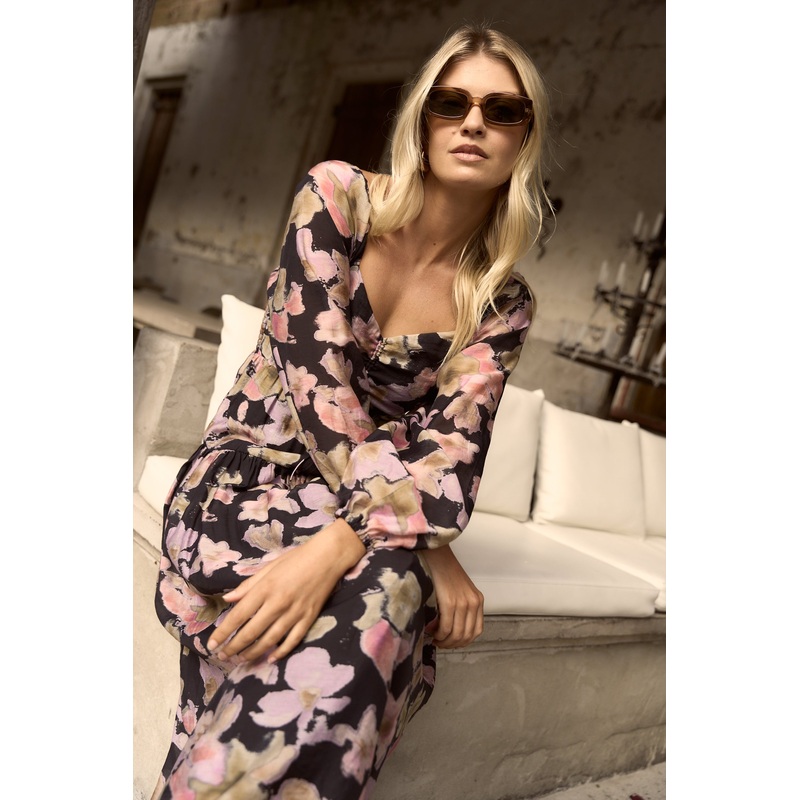Ornelle Black Pressed Flower LS Tiered Maxi Dress