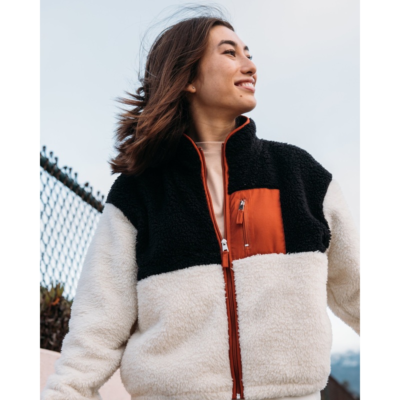 Easy Livin’ Color Blocked Sherpa Zip-Up – Cream