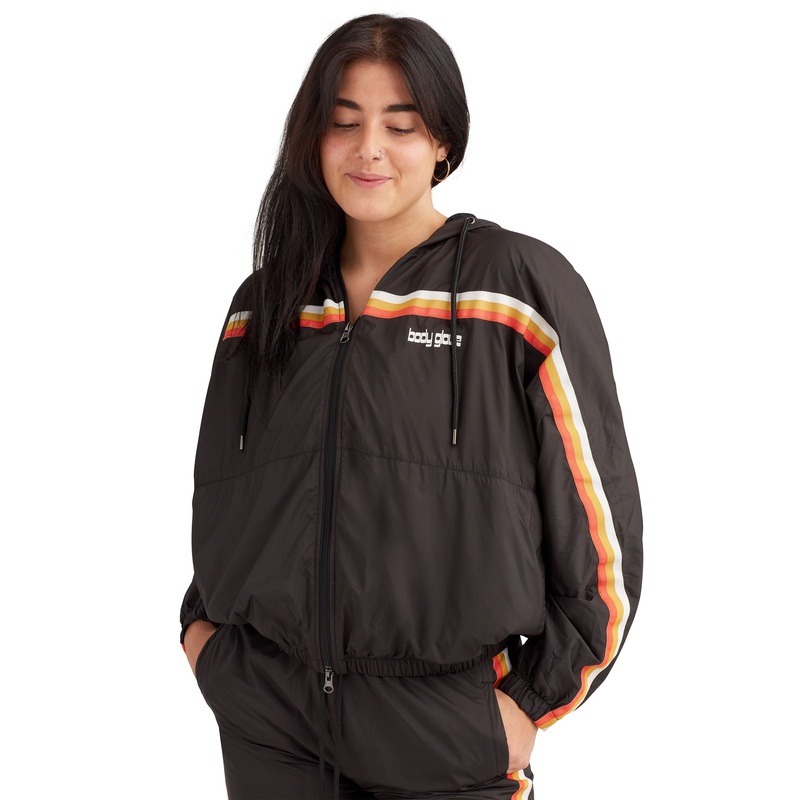Retro Stripes Shell Zip-Up Hoodie – Black