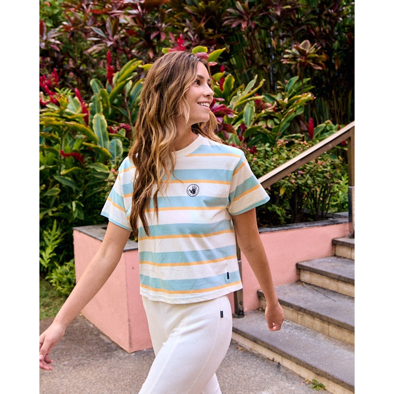 Royal Hawaiian Striped Relaxed Fit Crop T-Shirt – Aqua