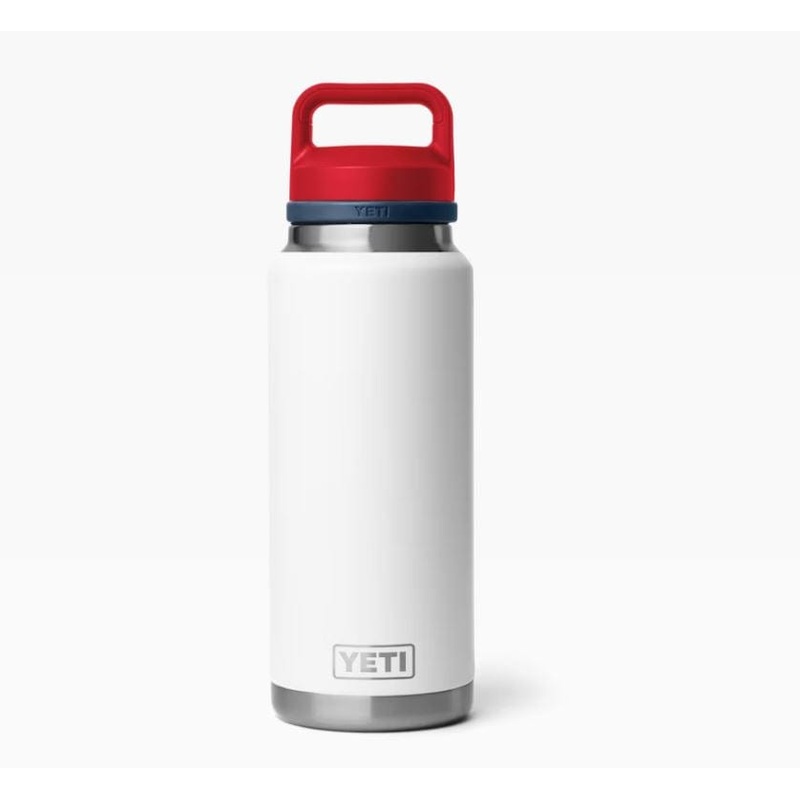 Yeti Rambler 36 Oz Bottle Chug in White / Navy / Rescue Red